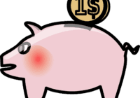 Cartoon piggy bank with a dollar coin.