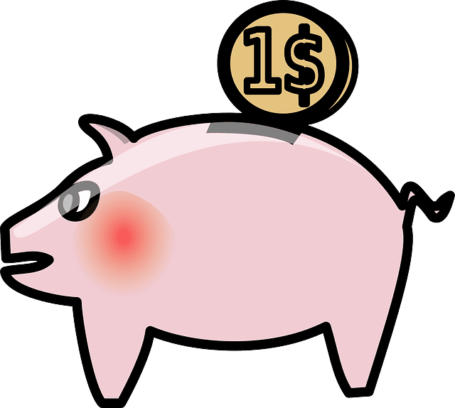 Cartoon piggy bank with a dollar coin.